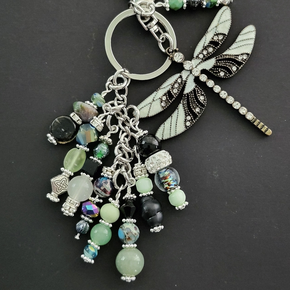 Rhinestone Dragonfly Purse Charm Aventurine Jasper Stone Glass Handcrafted